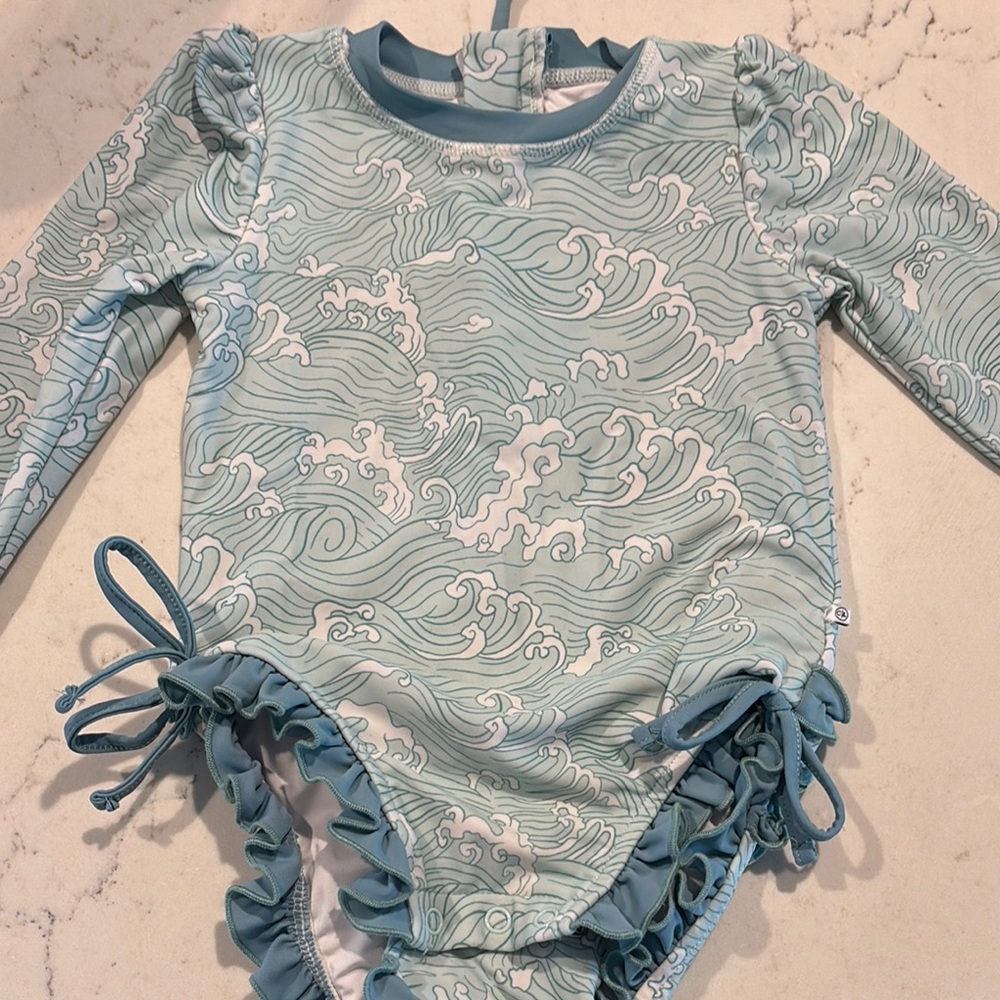 Kids Swim Long Sleeve Swimsuit - Blue Wave Pattern
